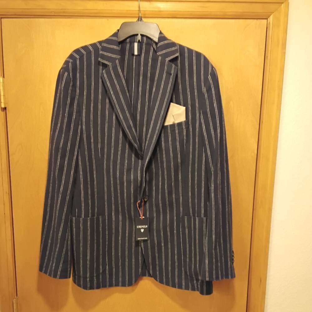 NWT Cremieux Navy Striped Linen/Cotton Blazer L or XL Firm Price
